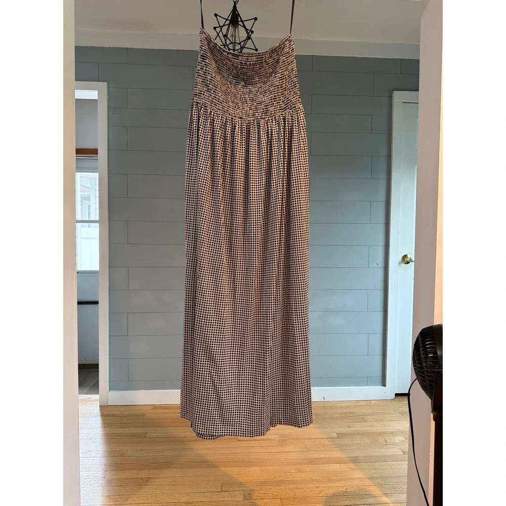 Tory Burch Silk Cotton Polka Dot Smocked Strapless Maxi Dress Navy Cream XL